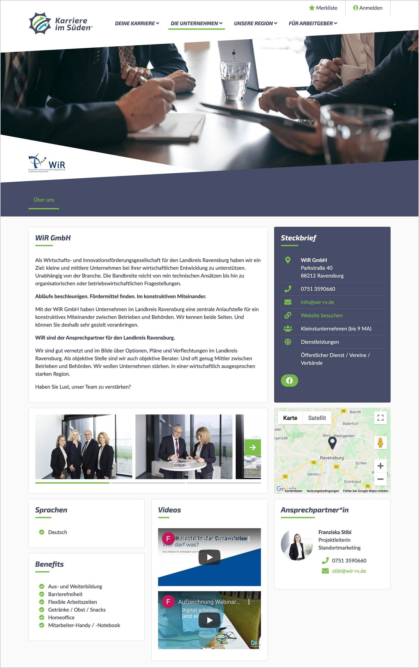 Screenshot der Informationsseite der Wirtschafts-und Innovationsförderung Ravensburg